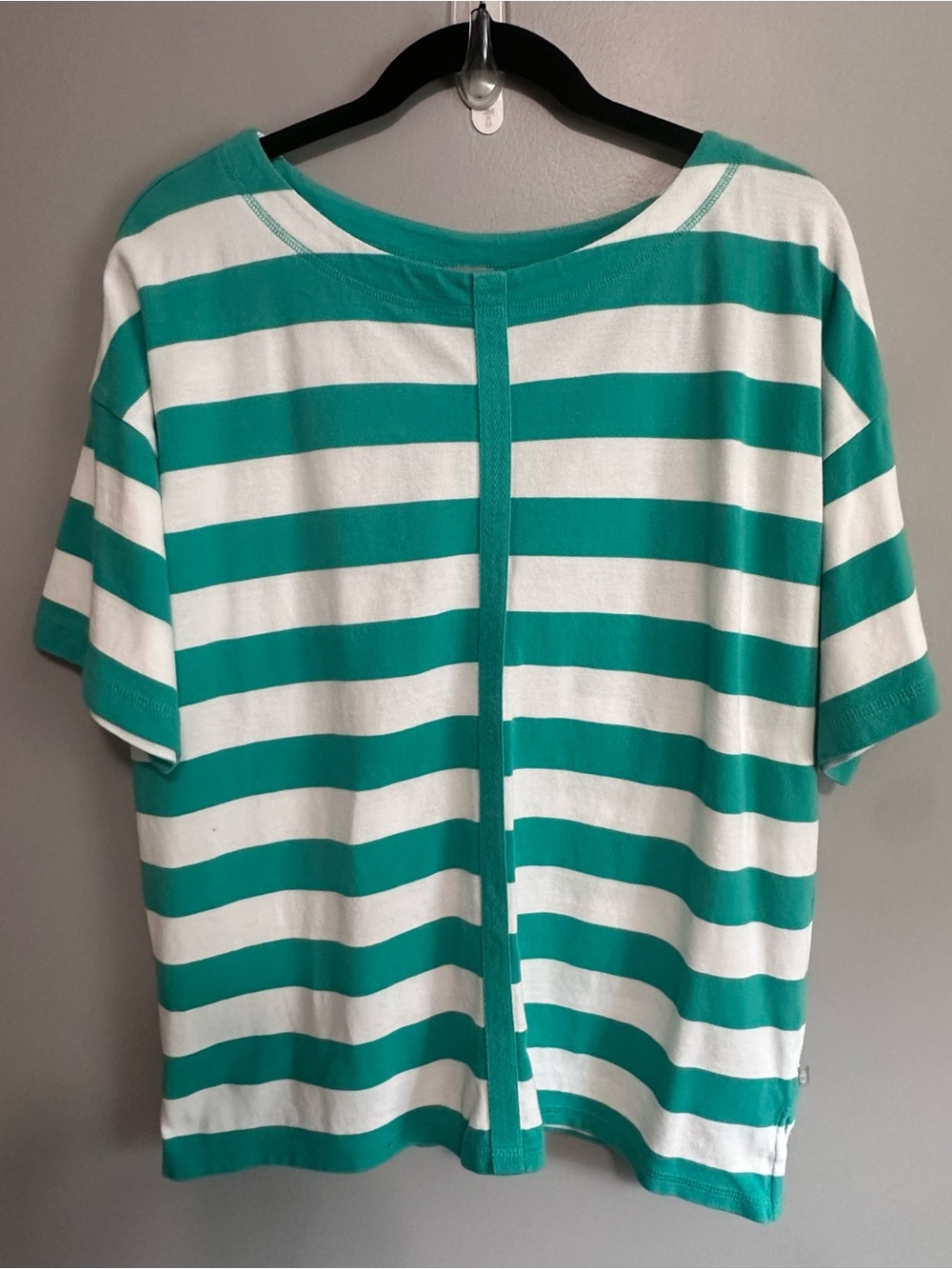 T by Talbots XL Green White Striped Cotton Tee Short Sleeve Boat Neck Top